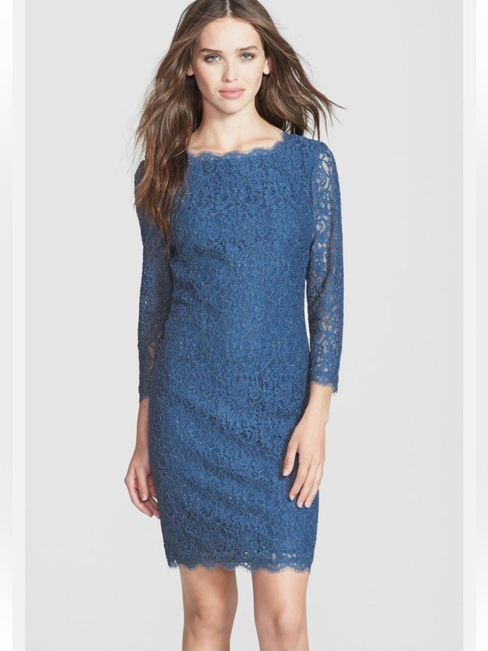 Adrianna Papell Blue Green Scalloped Lace Sheath Dress Women's SZ 8 Petite Event